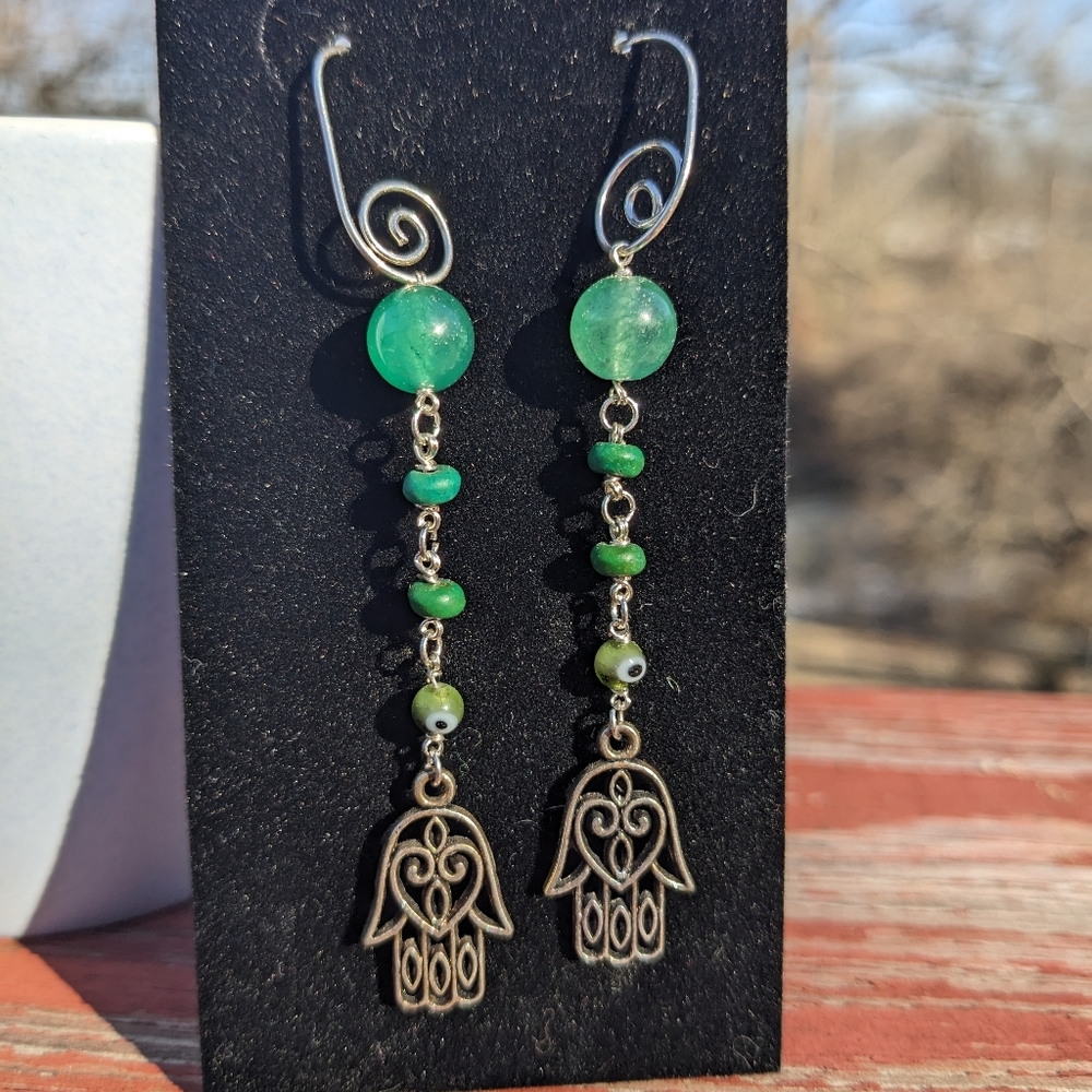 Hamsa Green Evil Eye Malachite Dangle Earrings Handmade